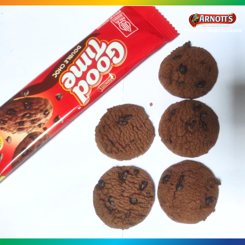 

Good Time 2000an Arnott's Double Choc TERLARIS Rasa Coklat kemasan EKSTRA Isi 5 cookie