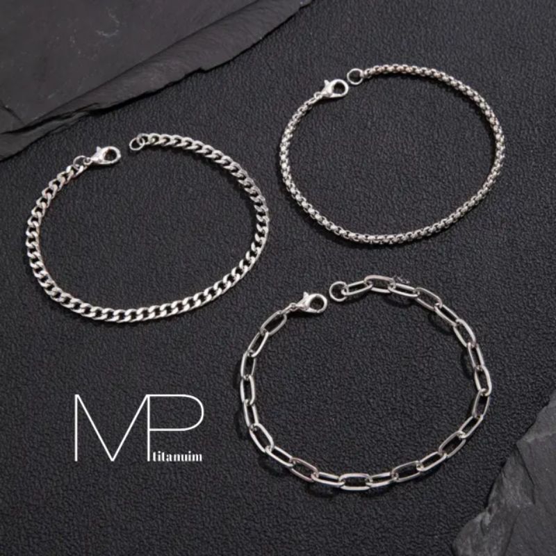 Satu set gelang silver titanium anti karat unisex