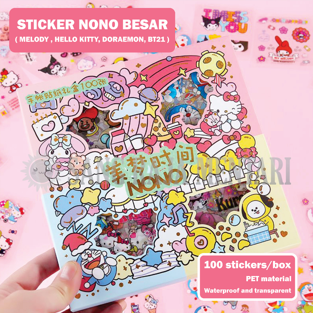 

Sticker Viral Nono Mix karakter Doraemon Hello Kitty Kuromi Sanrio Isi 100 pcs Per Box Besar