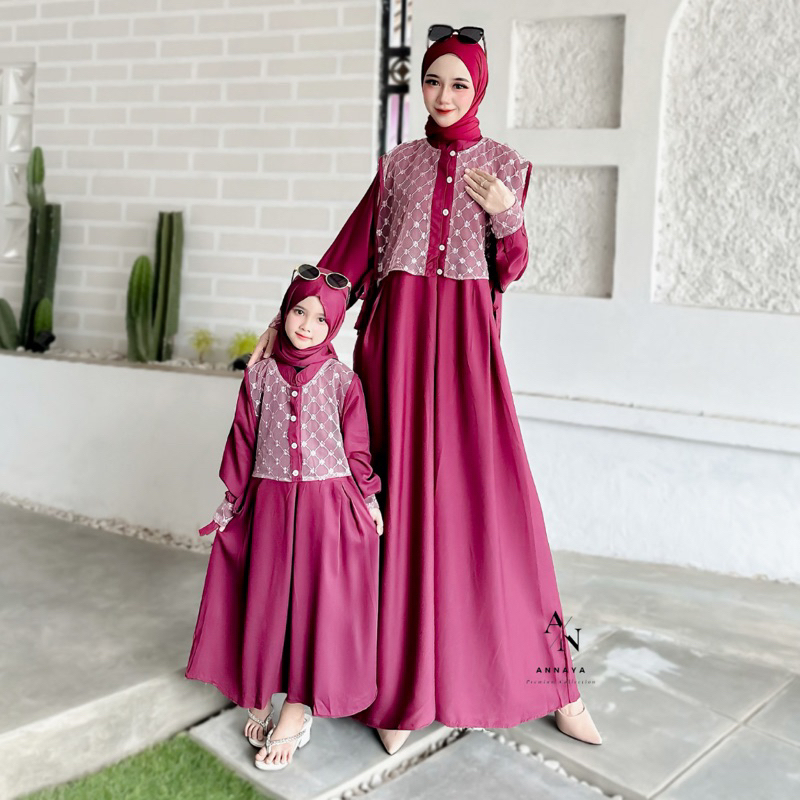 MARYAM Dress Gamis Set Couple Ibu Anak Rayon Twill Mix Tille Brukat Import | Gamis Lebaran Brokat Ka