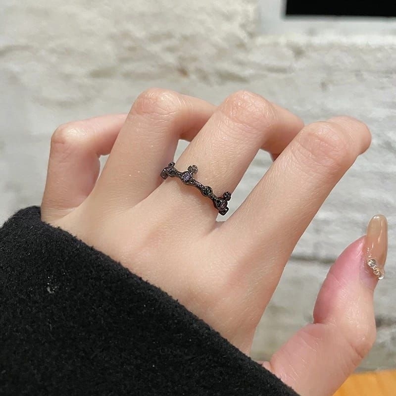 Cincin wanita mahkota hitam permata diamond diamon berlian buatan crystal kristal ring aksesoris acc