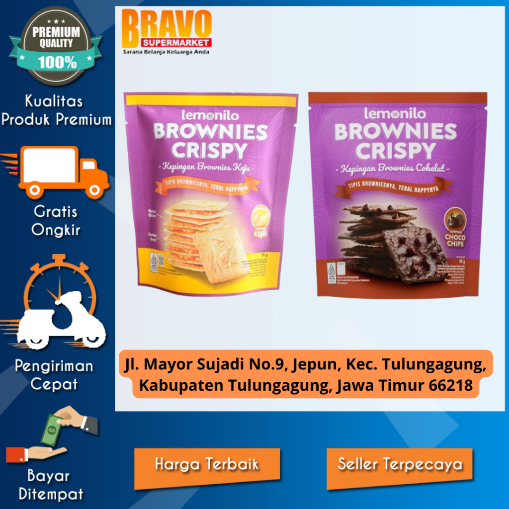 

Bravo Supermarket Tulungagung - LEMONILO Brownies Crispy - Chocochips Keju 35g