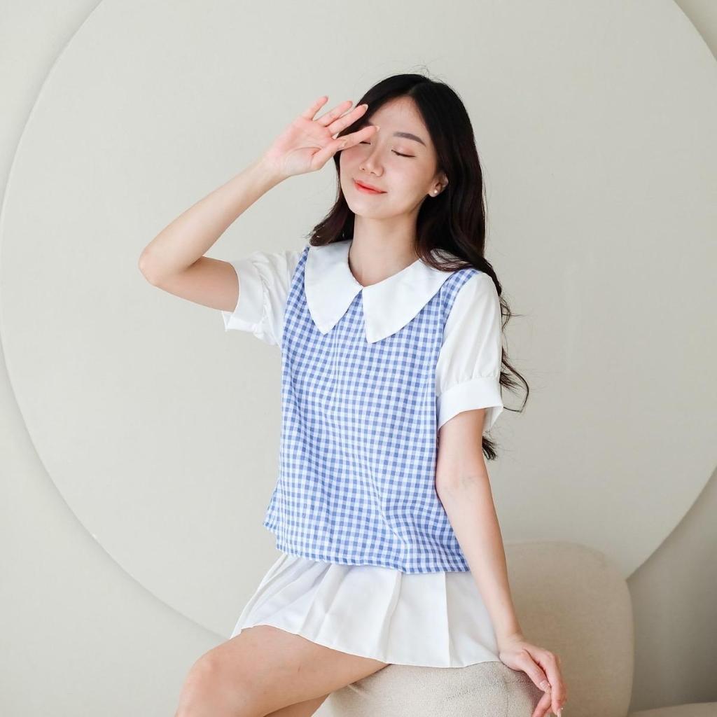 [COTTONBELLS] BAJU PREMIUM ZENIFA COLLAR SQUARE PLAID TOP (JJ - B 13588)