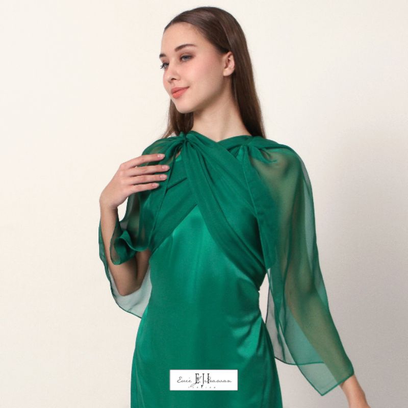 OLIVE LONG DRESS SATIN CHIFFON GREEN