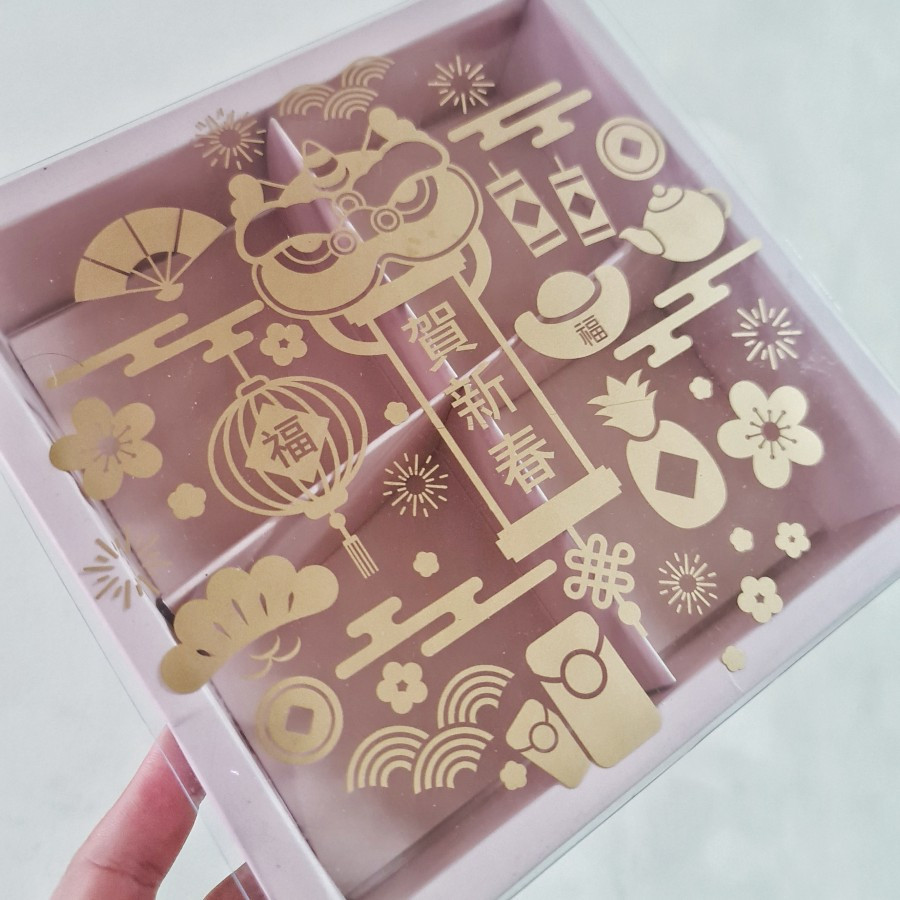 

5 Pcs Dus Mika Hampers Cookies Kotak Kue Kering Cny Pink Sekat 4 Model Penutup Slide Ukuran 19x19x5 cm