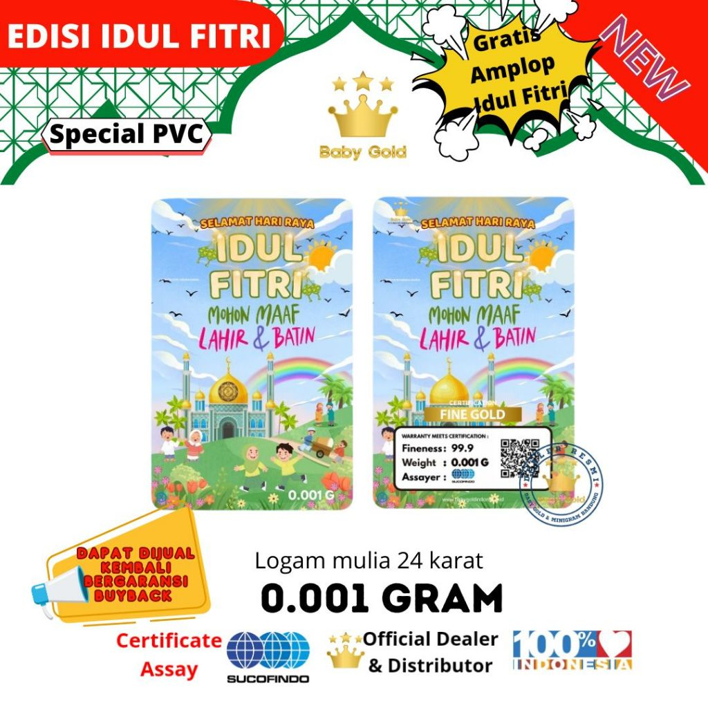 BABY GOLD edisi IDUL FITRI PELANGI 0.001 GRAM EMAS MINI LOGAM MULIA(GRATIS AMPLOP)