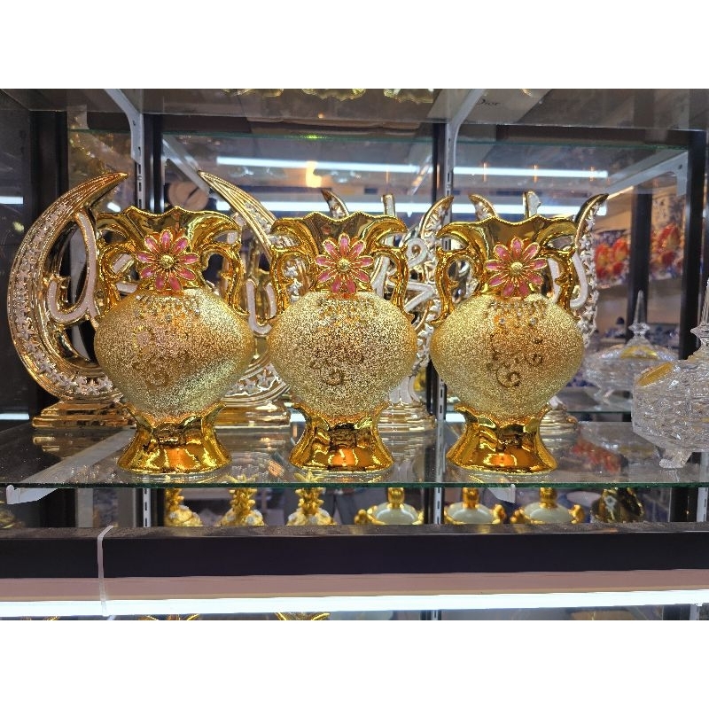 pajangan keramik hias gold mewah set 3 pcs / pajangan keramik import / keramik hiasan lemari kaca / 