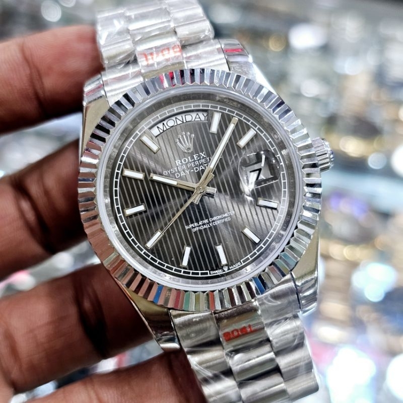 Rolex Daydate Silver Black Dial Gradasi, Jam Tangan Pria Automatic Ori