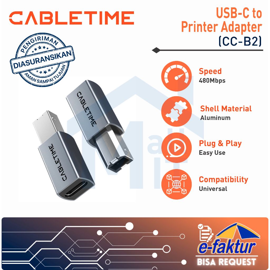 MALLIT CABLETIME Adapter USB Type C To USB-B 2.0 Male Converter 480Mbps Konektor Printer Scanner CCB