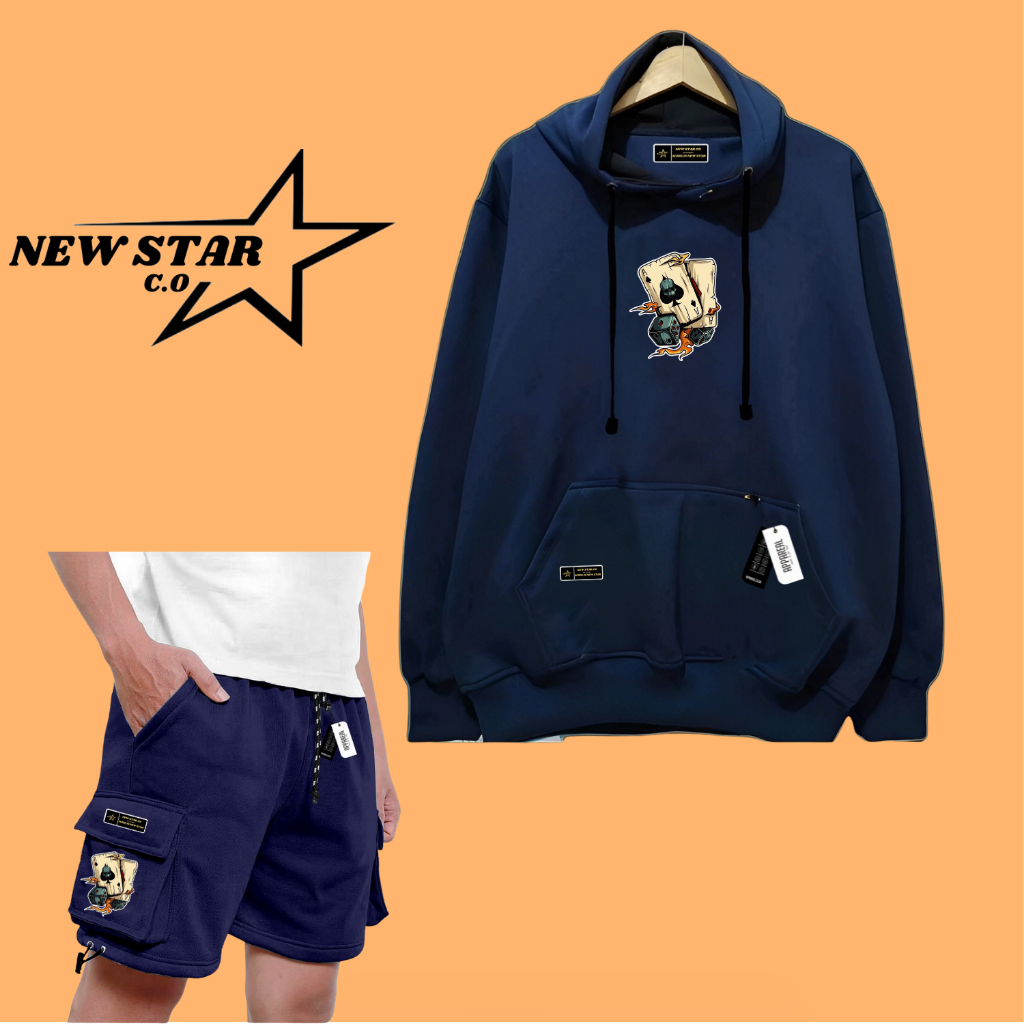 Oneset Hoodie Dan Celana Pendek Cargo Satu Stel Warna Navy Pria Wanita Distro Stelan Sweater Celana 