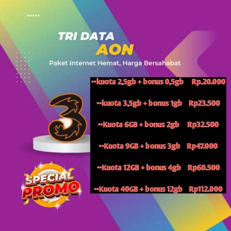 paket data Kuota Tri 3 Three Aon|kuota three 3 tri aon termurah
