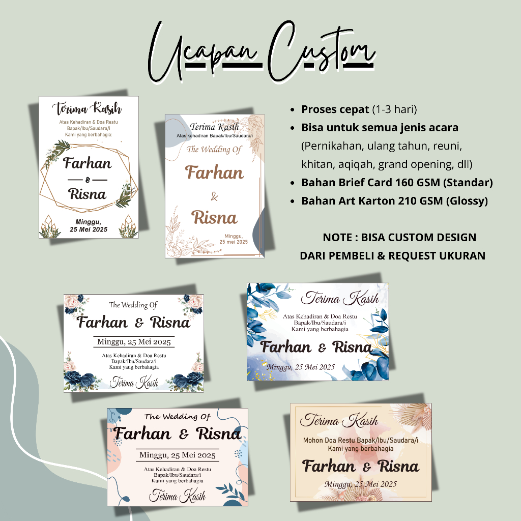 Ucapan Pernikahan Custom Nama / Kartu Ucapan Terimakasih / Kartu Ucapan Souvenir / Kartu Ucapan
