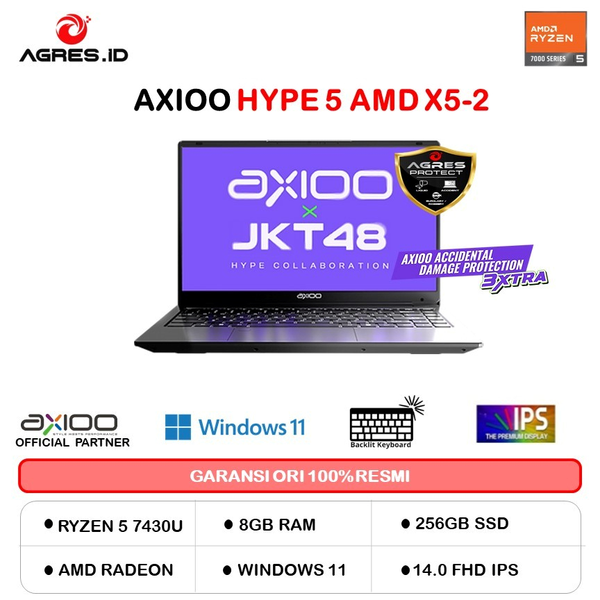 [READY STOCK] AXIOO HYPE 5 AMD X5-2 RYZEN 5 7430 8GB 16GB 256GB W11+OFFICE PERMANEN 14.0FHD IPS BLU