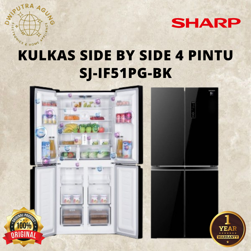 KULKAS SHARP SIDE BY SIDE 4 PINTU SJ-IF51PG-BK LEMARI ES SJ IF 51PG BK / 4 DOOR IF51PG