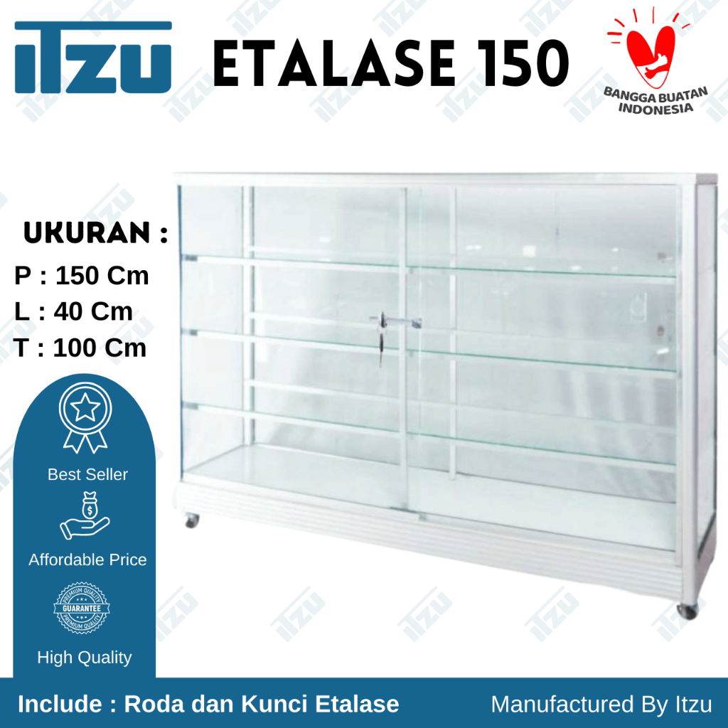 Etalase Kaca Alumunium 150 Cm / Etalase Kaca Jualan 150 cm dengan Roda dan Kunci