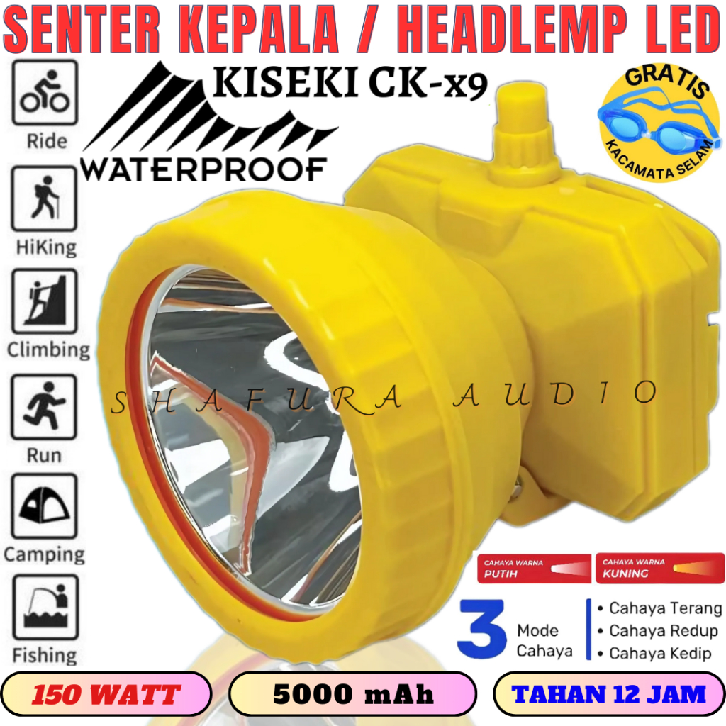 Senter Kepala Selam Kiseki 150watt Ck-X9 Bonus Kacamata Renang Super Terang Led | Kiseki Senter Kepa