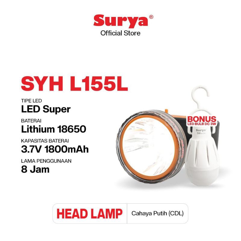 Lampu Senter Kepala LED SURYA 15 Watt SYH L155L Rechargeable