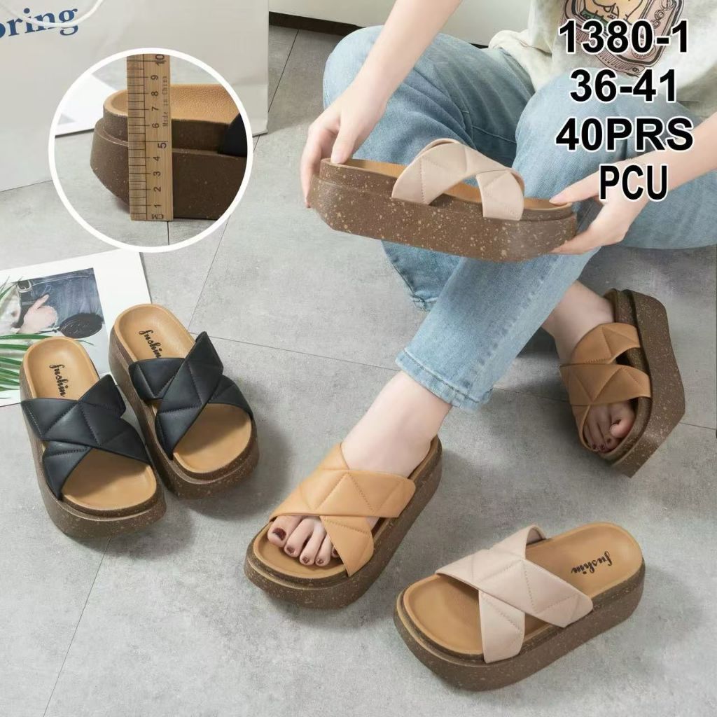 Sandal wedges wanita import tali silang sol bintik