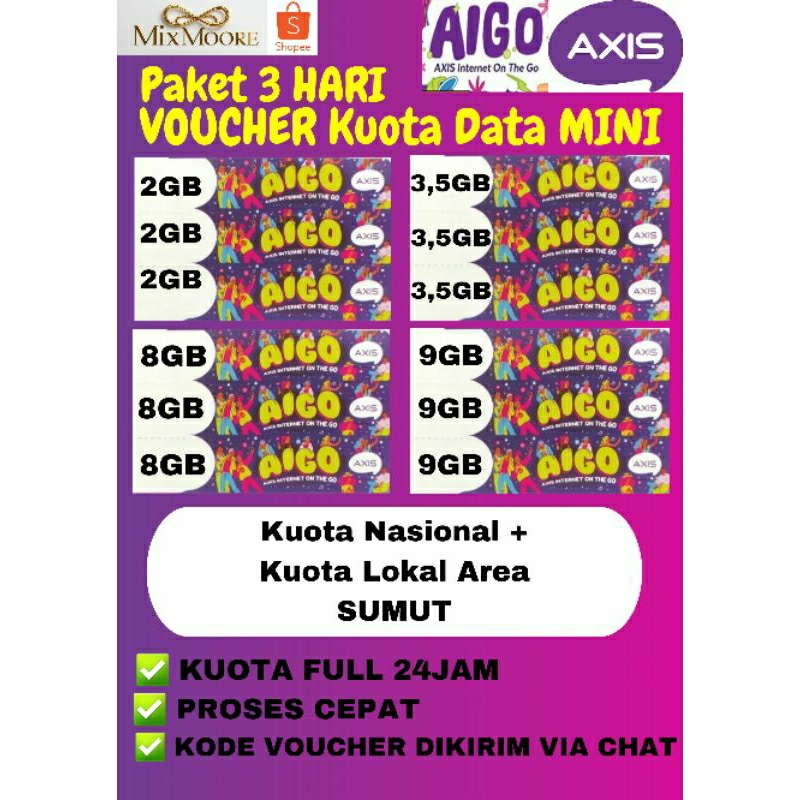 VOUCHER AXIS PAKET DATA KUOTA INTERNET AIGO MINI 1HARI - 3HARI FULLTIME AREA SUMUT ISI ULANG SUPER M