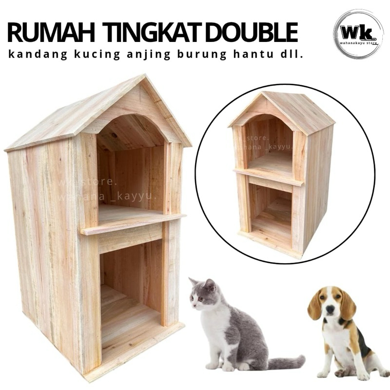 rumah kucing kelinci anabul tingkat double | rumah kucing model tinggi kayu mahoni haluss