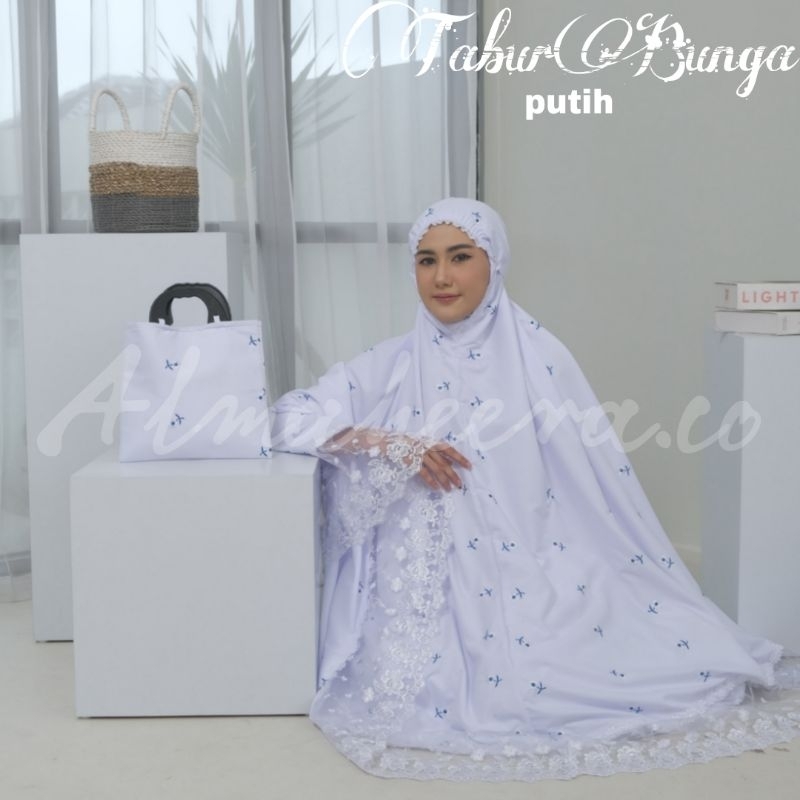 Mukena Gracella Tabur Putih Bunga Mukena Bordir Bunga Kecil Biru Pink Mukena Dewasa Jumbo Renda Cant