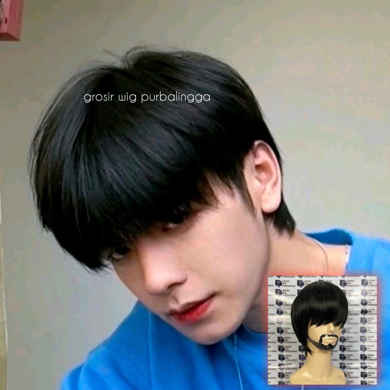 Wig Pria Korea Rambut Pendek Poni Panjang Warna Hitam