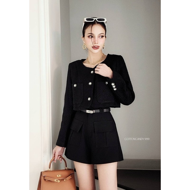 Shiny Blazer (Korean Tweed Flower Button Crop Blazer Cotton Candy Import Bangkok)