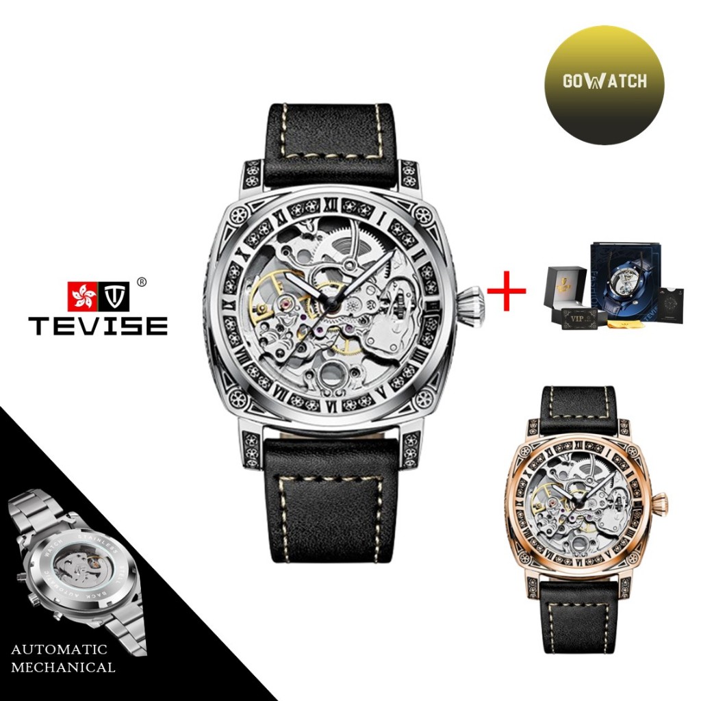 TEVISE Jam Tangan Automatic Pria Mechanical Otomatis Silver Kulit Asli (W2-001-T894)