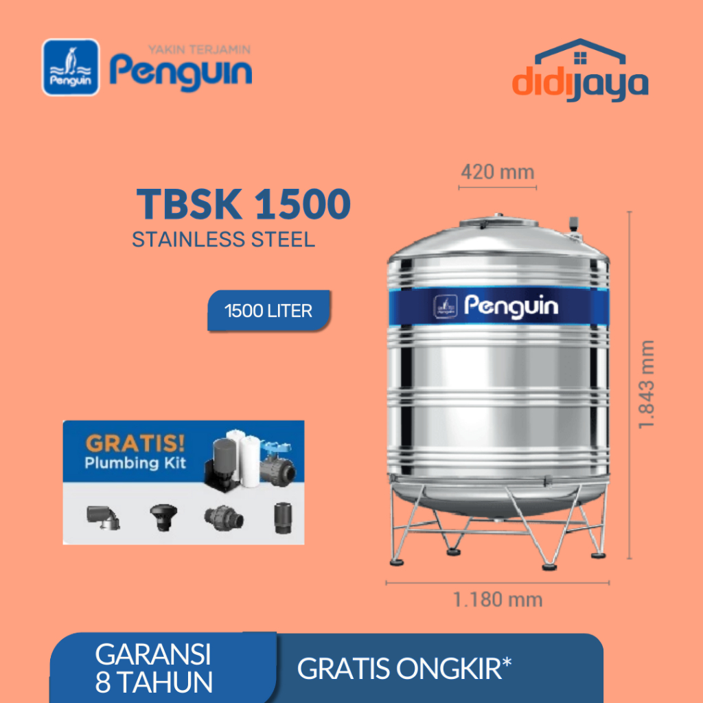 Tangki Air Stainless Steel 1500 Liter Penguin | Toren Air | Tandon Air Stainless Steel TBSK 1500