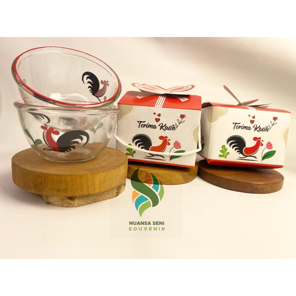 Souvenir Mangkok Kaca BIB4B Ayam Mangkuk Sambal Kaca Mangkok Kobokan Motif Jago Bening Kemas Box