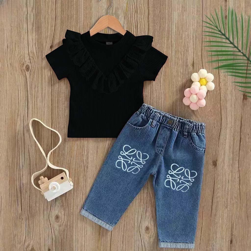 Setelan Anak Perempuan Kaos Knit Renda Celana Jeans Panjang Set Anak Perempuan Usia 1-5 Tahun Terbar