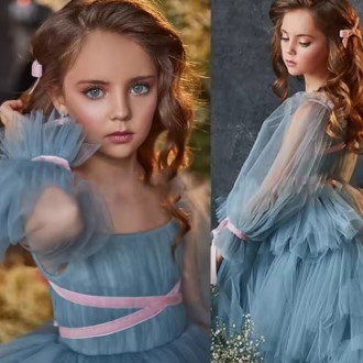 Baju pesta  gaun anak biru dan pink dengan  model tumpuk gaun ekor  mewah  pesta  gaun anak glamour 