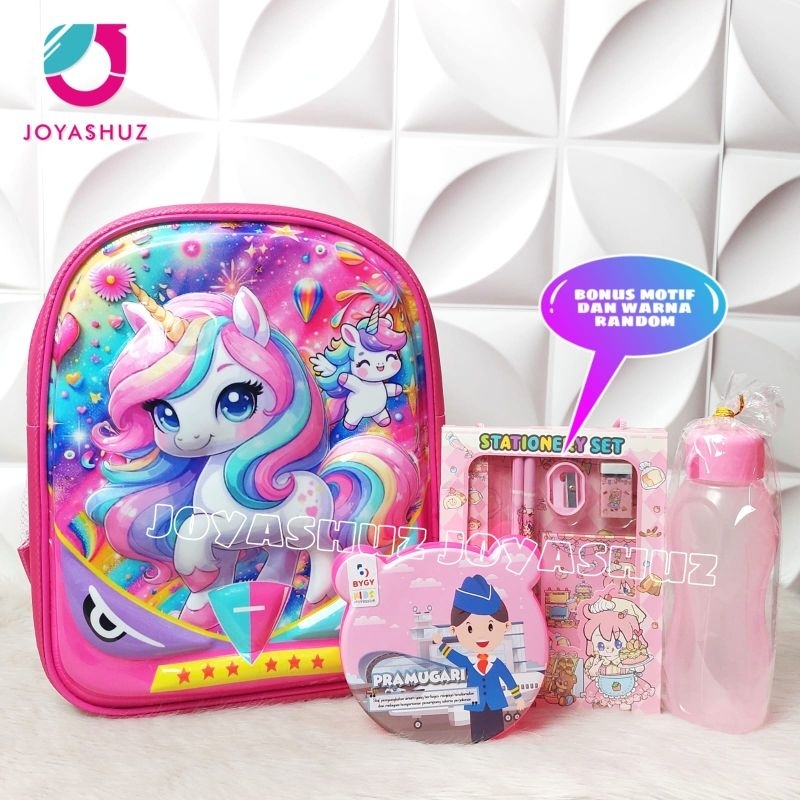 Tas Sekolah Anak Unicorn 3 Dimensi Gratis Set Alat Tulis / Ransel Unicorn / Tas Karakter Anak