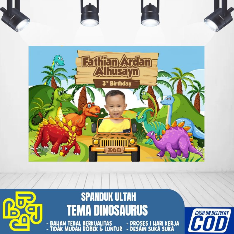 banner spanduk ultah anak lucu murah tema dinosaurus/perlengkapan aksesoris ultah anak murah bisa co