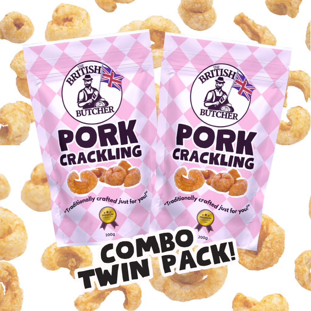 

TWIN PACK - 400g Pork Crackling The British Butcher UK Premium Snack - 100% Kerupuk Samcan Babi Fresh Krupuk Samcam