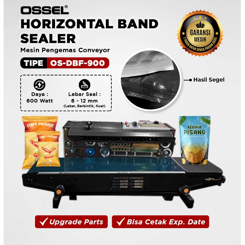 OSSEL Continous Band Sealer Mesin Segel Plastik DBF 900 Expired Date Press MMT Kemas Plastik OSSEL