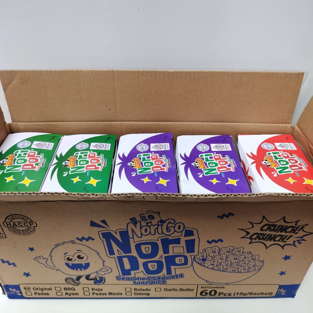 

Norigo Nori Pop Seasoned Seaweed With Rice (1 DUS ISI 5 BOX) / Snack Tabur Nori / Snack Rumput Laut