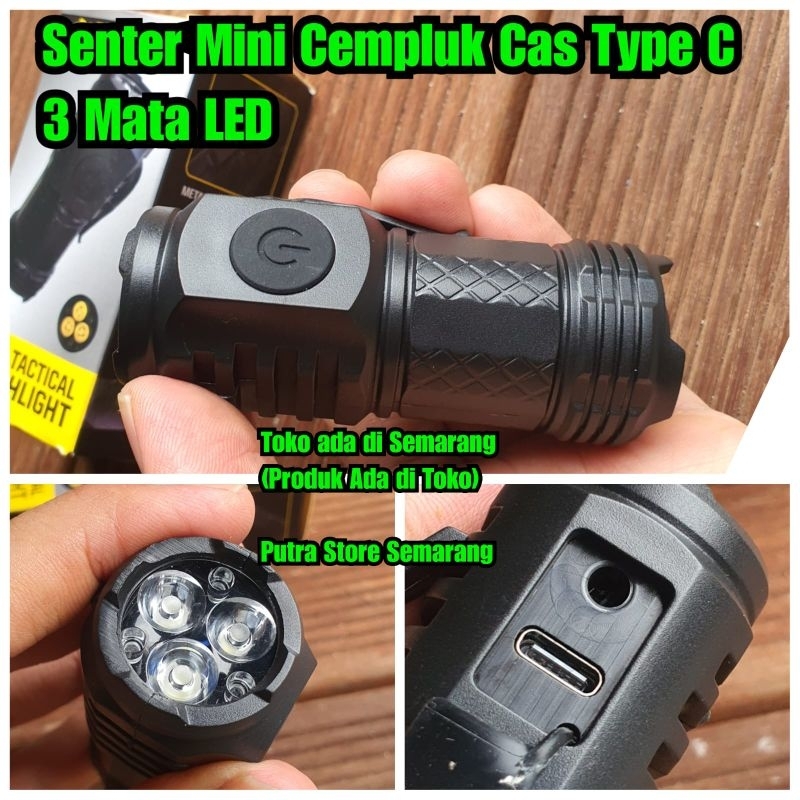 Senter Mini LED 3 Mata led super terang senter mini cas tebal senter kecil cempluk cas type c senter