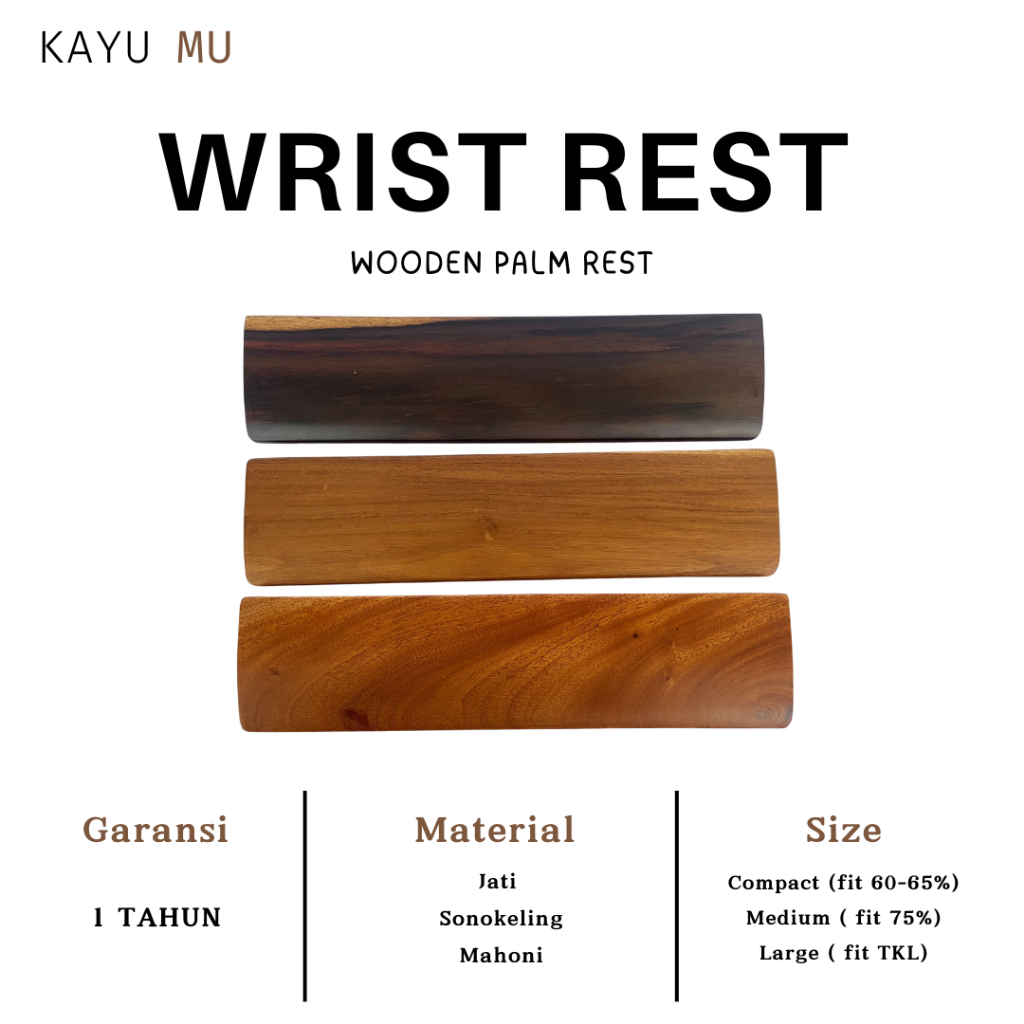 KAYUMU Wooden Wrist Rest / Wrist Rest Kayu / Wrist Pad Keyboard / Sandaran Tangan Keyboard Premium