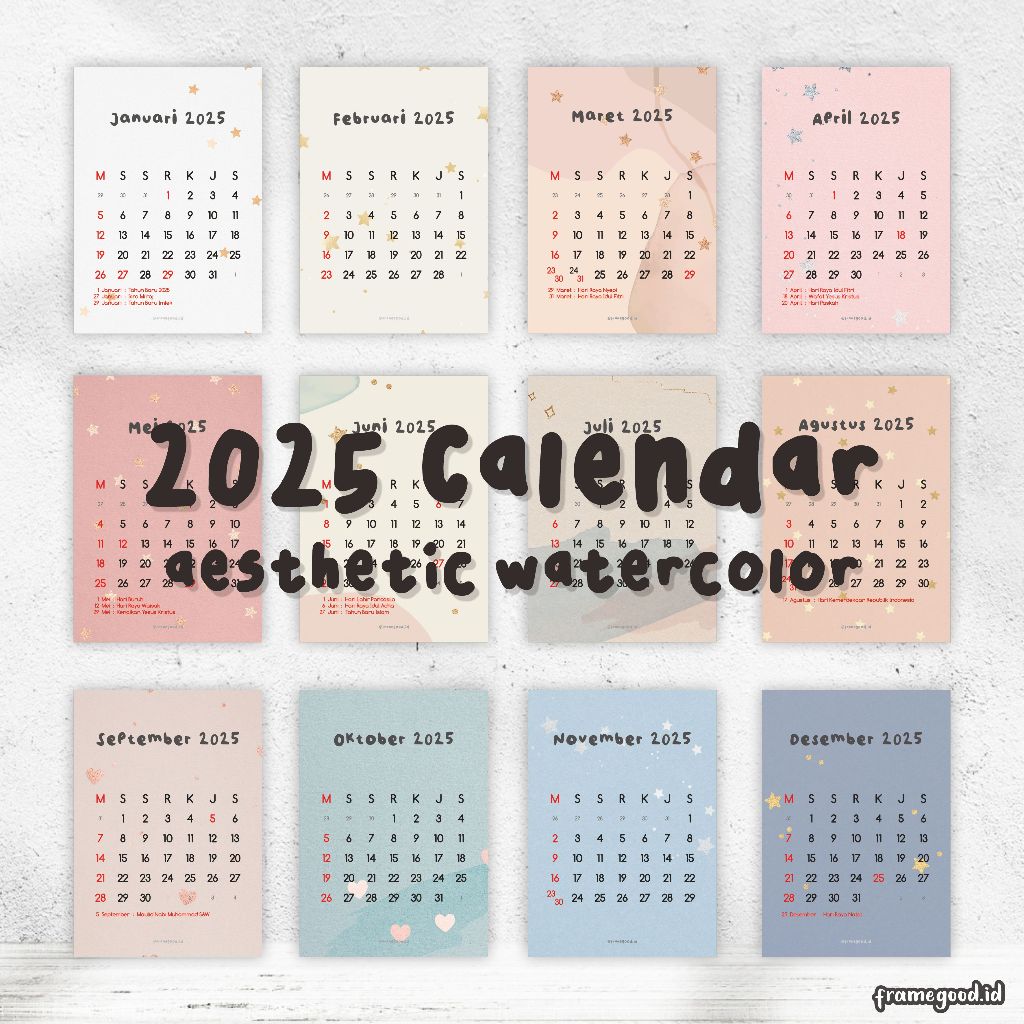 

2025 MONTHLY CALENDAR aesthetic watercolor / kalender poster bulanan / wallposter hiasan estetik / januari februari maret april mei juni juli agustus september oktober november desember