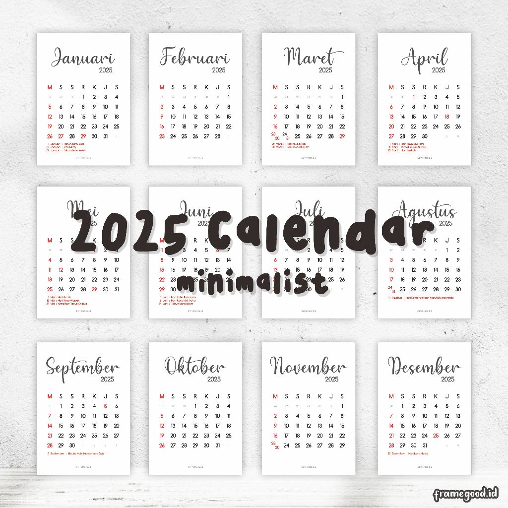 

2025 MONTHLY CALENDAR minimalist / kalender poster bulanan / wallposter hiasan estetik / januari februari maret april mei juni juli agustus september oktober november desember