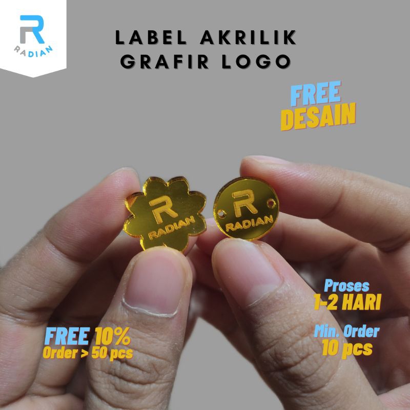

Label akrilik bulat label akrilik bunga Label hijab Label akrilik gold rosegold silver Label Logo Grafir dan Cutting Custom | Radian Creation