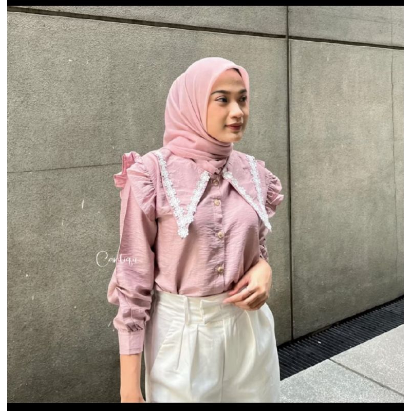 BEST SELLER BLOES KEMEJA REMPEL RENDA POLO LINEN//PAKAIAN WANITA MASA KINI
