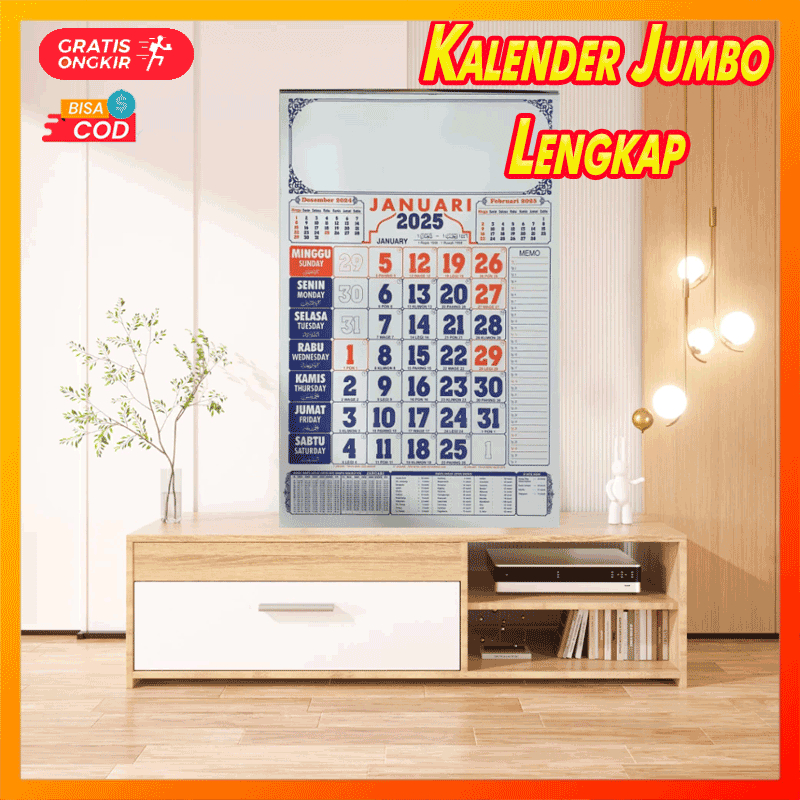 

Kalender Dinding 2025 Jumbo lengkap dengan tanggalan jawa dan Arab dsertai jadwal sholat per bulan ukuran 32 x 48 cm 12 lembar bahan HVS Putih