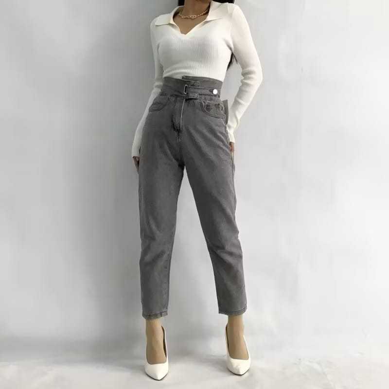 Celana Jeans Highwaist Boyfriend Pinggang Tali