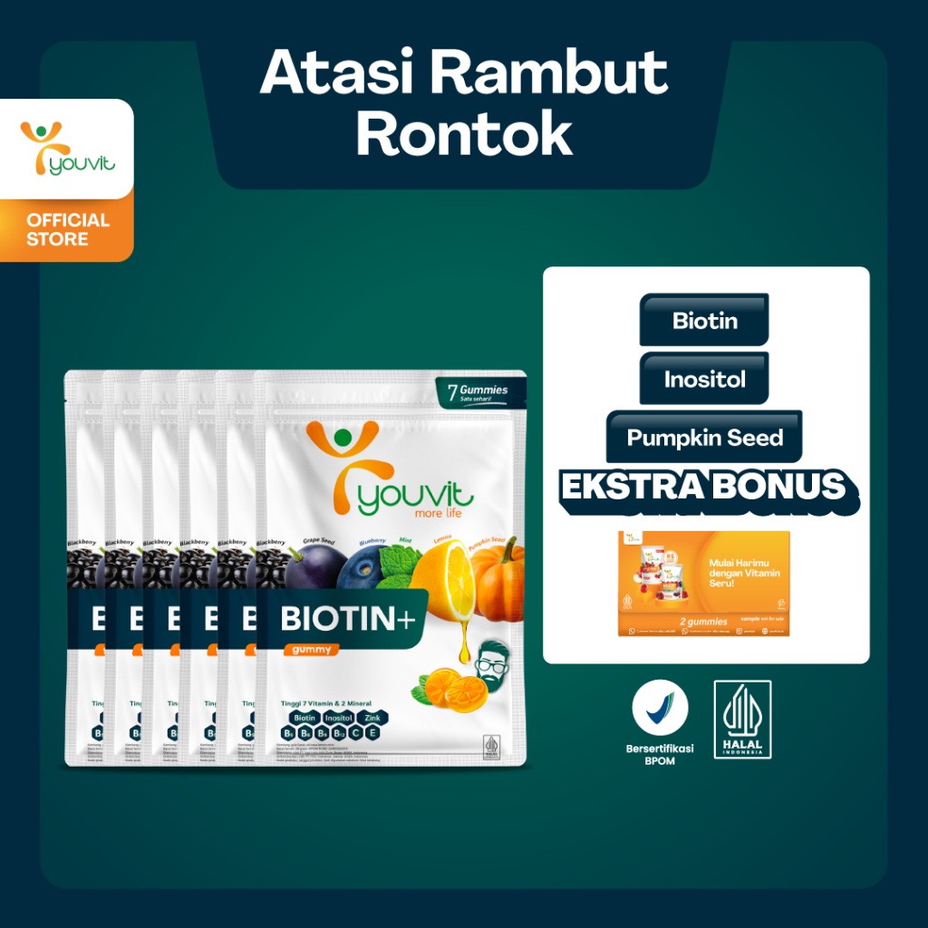 [FREE SAMPLE VITAMIN] Biotin Gummy untuk Vitamin Rambut Rontok Pria | Youvit Biotin+ for Men 42 Hari