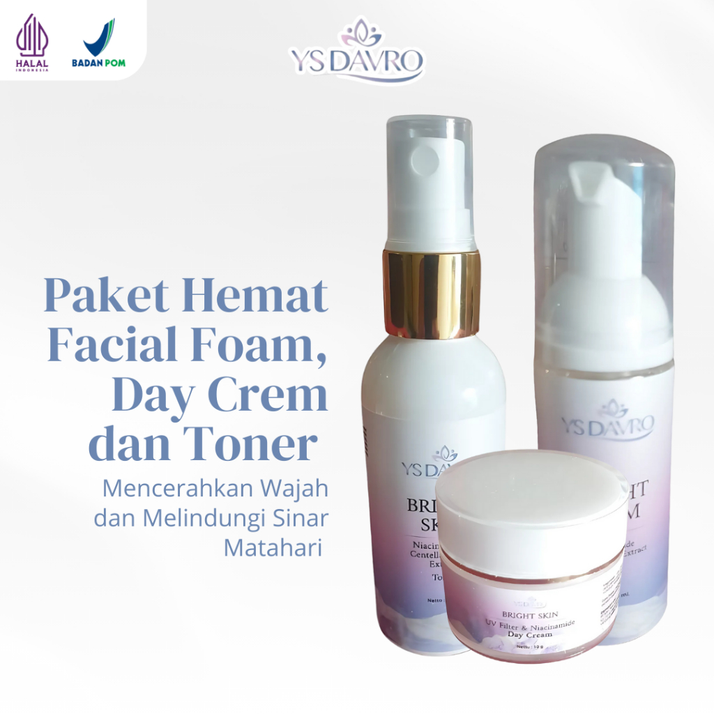 YS DAVRO Paket Hemat Facial Foam Day Cream Toner Mencerahkan Wajah Melindungi dari Sinar Matahari