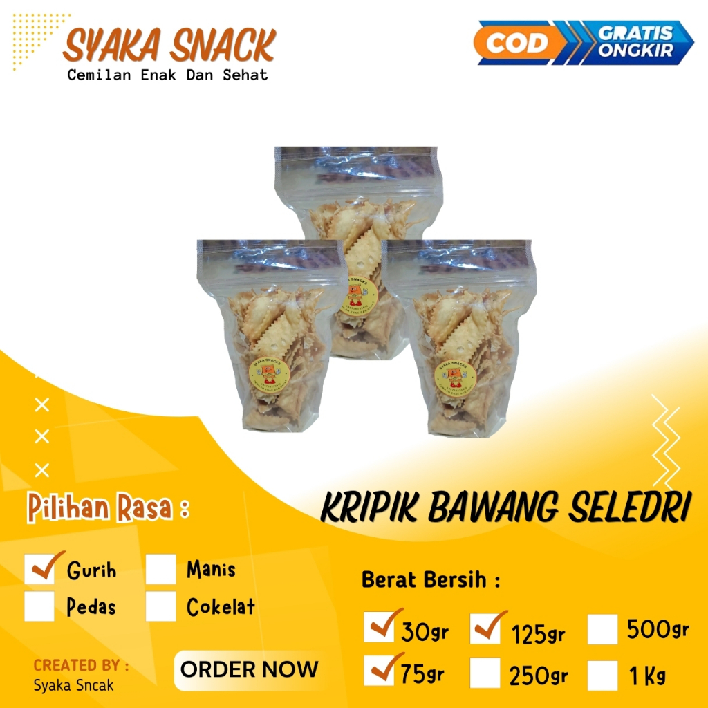 

Cemilan Keripik Bawang - Keripik Pangsit-Keripik Seledri Kemasan Kecil