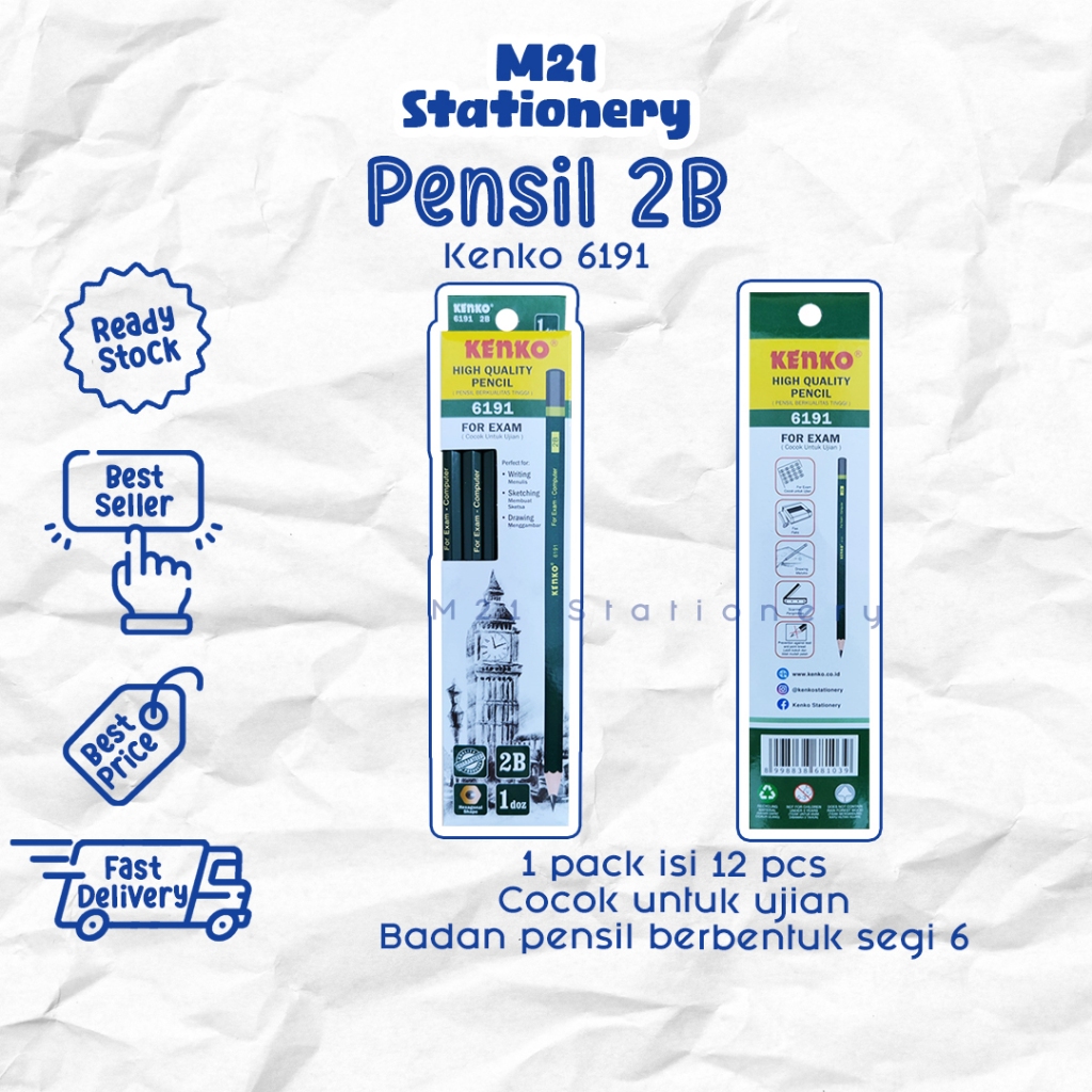 

(12 PCS) PENSIL 2B KENKO 6191 / 1 pack pak pencil kayu pena ujian uji komputer un original menulis graphite menggambar sket sketch anak alat tulis sekolah kuliah atk kantor stationery murah / m21 stationery jogja