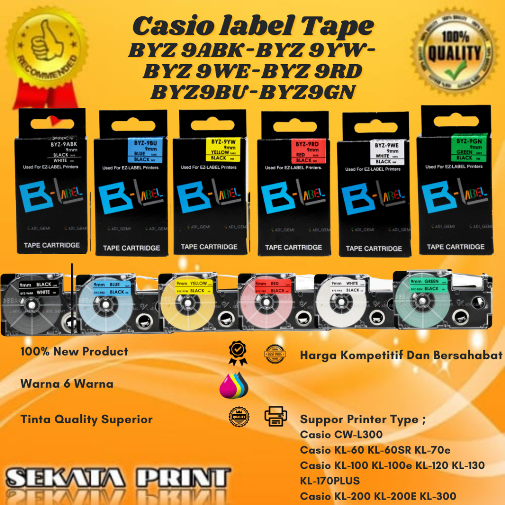 

Compatible Label Tape Casio BYZ 9ABK,BYZ 9WE, BYZ 9BU, BYZ 9YW,1Set (6 Warna ) - KL-60 KL-60SR